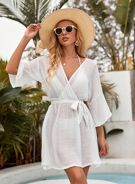 White Cotton V-Neck Beach Cover-Up Dress