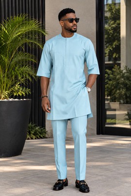 Tenue sénateur bleu ciel pour homme – Ensemble 2 pièces avec tunique longue et pantalon, tenue traditionnelle africaine