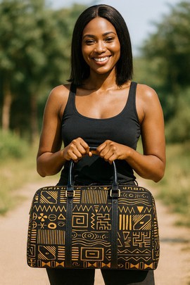 African Travel Bag Leather Traditional Mud Cloth Gold
