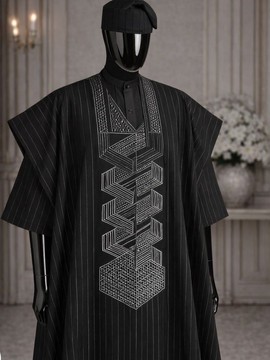 Agbada noir à rayures tennis brodé pour homme