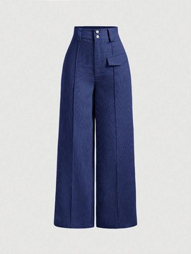 Women's Navy Blue Corduroy Wide-Leg Pants – High-Waisted Double Button Trousers with Flap Pocket