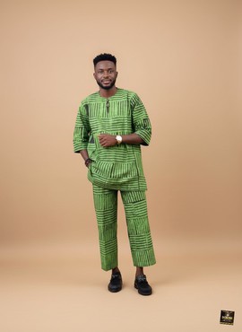 Lime Green Hand-Dyed Adire Kaftan &amp; Trousers Men’s Two-Piece Set-Wedding/ceremony
