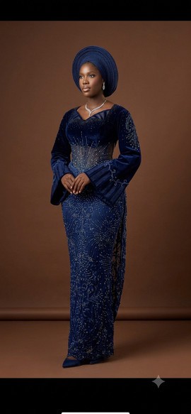 Navy Blue Embellished Velvet Gown