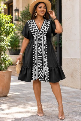 Robe kimono à col V et manches courtes à motifs géométriques tribaux africains pour femme