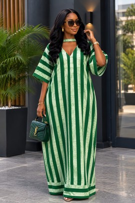 Women's Green Striped Kaftan Maxi Dress – V-Neck Choker Collar, Oversized Flowy Cotton Boubou Dress