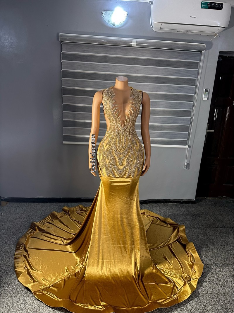 Gold velvet prom dress, evening reception gown, gold wedding prom dress -  ANKA