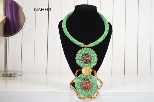 African beaded green necklace | Romantic handmade neck piece | Naheri tribal jewelry