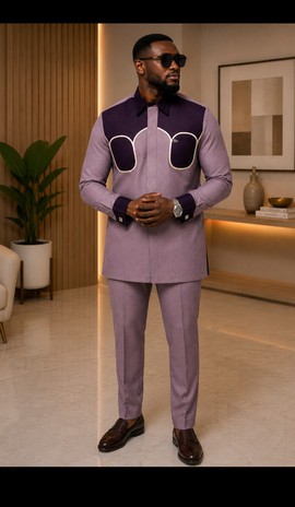 Ensemble deux pièces de tenue traditionnelle pour homme avec chemise à col bicolore mauve et violet et pantalon tailleur