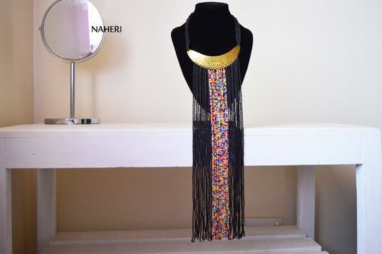 African beaded necklace, Black Tribal fringe neckpiece. African Jewelry. Gift for her