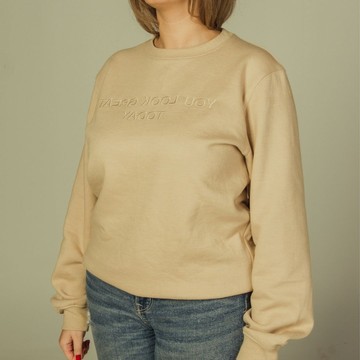 Sweat-shirt Loose Fit Beige Unisexe affirmations "You Look Great Today" à Col Rond Et Détails En Wax