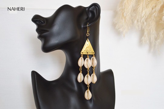 African cowrie shell chandelier earrings with brass