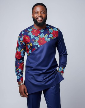 Ankara print statement tunic, asymmetrical Dashiki set, men's floral African wear