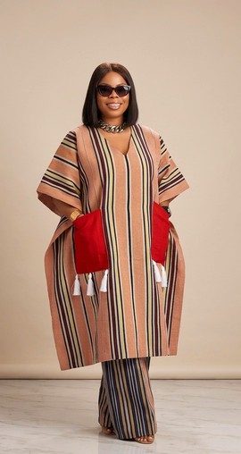 Luxury Striped Anka Boubou Set for Women – African Kaftan Top with Wide-Leg Pants
