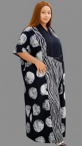 Robe caftan noire et blanche pour femme – robe longue africaine ample avec imprimé audacieux