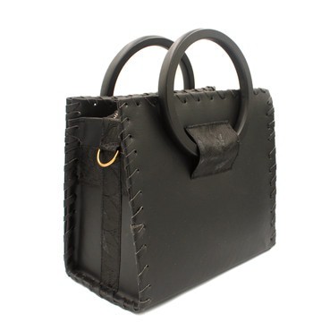 Black Vegan Leather Handbag with Wooden Handles , Glossy Onyx Print