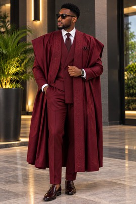 Men's Burgundy Three-Piece Suit with Embroidered Agbada Cape – Tailored Vest &amp; Trouser Formal Set