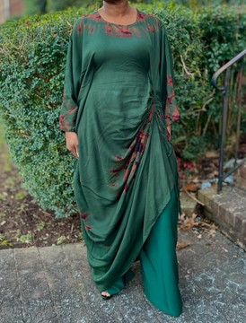 Tie-dye Green and Brown Handmade Two-Piece Set – Side Gather Top with Wide-Leg Pants