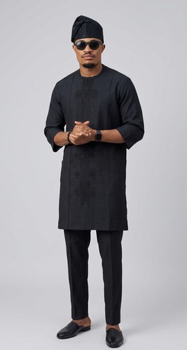 Men's Yoruba Traditional Ensemble - All Black with Fila Cap