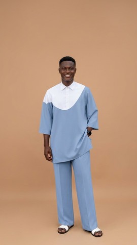 Powder Blue and White Curved Panel Two-Piece Kaftan Set
