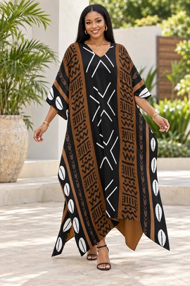 Robe midi à col en V et manches courtes pour femme en imprimé africain | Robe midi en imprimé africain | Bynelo