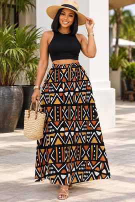 Jupes longues en mousseline à motifs géométriques tribaux africains pour femme, avec doublure | Jupe longue à imprimé africain | Bynelo