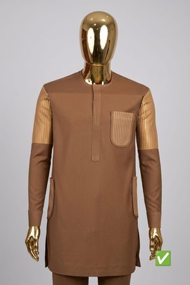 Men's 2-Piece Camel Brown Kurta &amp; Trouser Set – Striped Panel Sleeve, Contemporary Senator Wear