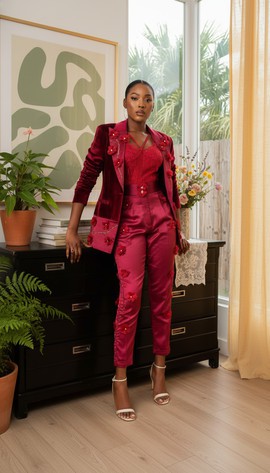 Le smoking appliqué en satin rouge velours