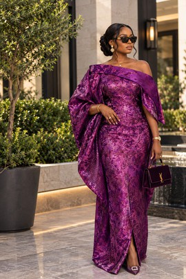 Women's Purple Jacquard Off Shoulder Maxi Dress – Elegant Draped Cape Sleeve Brocade Gown