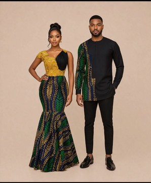 Ankara Couple Outfit Set Beaded Corset Gown &amp; Dashiki-Style Long Sleeve Shirt &amp; Jogger Pants