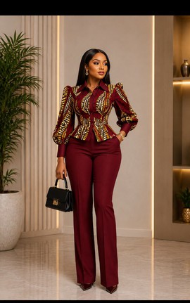 Ensemble deux pièces pour femme avec haut péplum à manches bishop et pantalon large, imprimé Ankara bordeaux