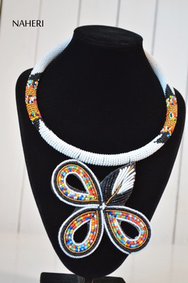 African beaded necklace white tribal handmade jewelry