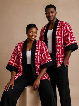 Crimson Adire Kimono Matching Couple Set (Open-Front Jackets) Two-piece Set