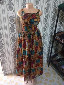 Multicolor Ankara Midi Dress – African Print Elastic Waist Strap Dress for Women