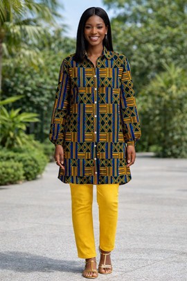 The Malika Heritage Kente Shirt Dress – Regal energy, everyday ease