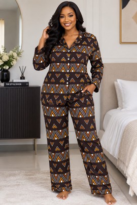 Ensemble de pyjama en satin pour femme à imprimé géométrique bogolan | Vêtements de nuit à imprimé africain | Bynelo