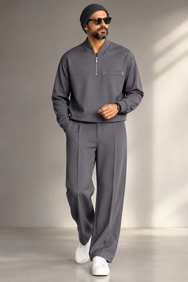 Ensemble sweat-shirt gris pour homme à fermeture éclair 1/4 et pantalon à jambes larges – Tenue décontractée élégante deux pièces