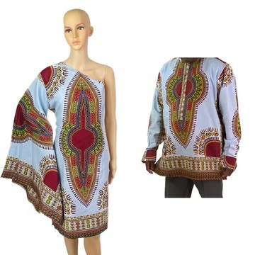 Ankara Light Blue Multicolor Dashiki Print Men's Shirt and Women's One Shoulder Dress Couple Set