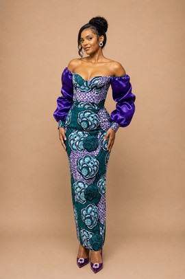 Off-Shoulder Ankara &amp; Satin Dress – Elegant African Print Long Sleeve Party Gown