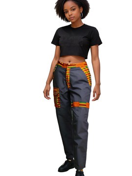women's african pants - gray pants with kente trim and pockets