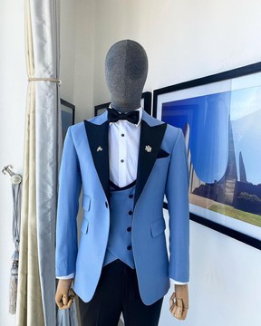 A Peak lapel sky blue tuxedo suit, double breasted U-cut waist coat