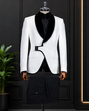 Men's White Tuxedo Set with Black Satin Shawl Lapel – Blazer, Shirt, Bow Tie &amp; Trousers