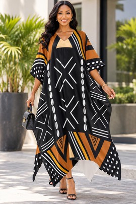 Robe midi à col en V et manches courtes pour femme en imprimé africain | Robe midi en imprimé africain | Bynelo