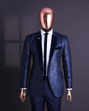 A Navy blue, floral pattern jacquard, slim notch lapel tuxedo suit