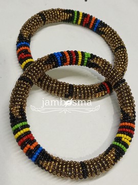 Set of two, copper and multi colored beaded Bracelet for women,Native masai Zulu bracelet