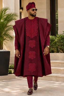 Men's Burgundy Agbada Set – Three Piece Embroidered Nigerian Traditional Attire with Cap