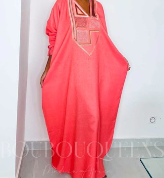 African Boubou Dress for Women "Diena" Pink in Glazed Linen — With Scarf