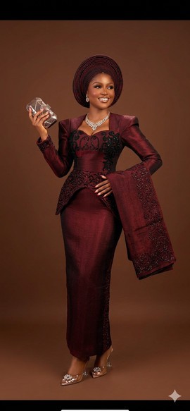 Wine Burgundy Silk Aso Oke Skirt and Blouse Set