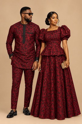 Tenues assorties bordeaux pour couple africain avec broderies noires