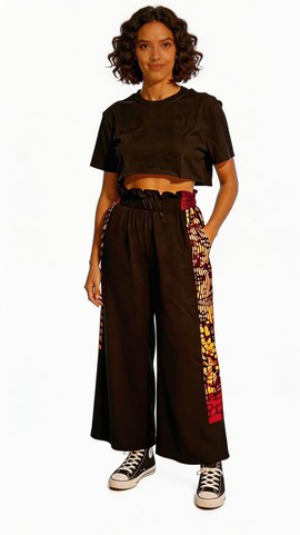 Black Wide Leg Crop Pants with Ankara Strip, African Print Culottes