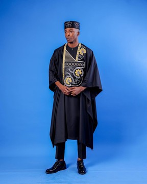 A charcoal black, spiral &amp; floral embroidery details agbada